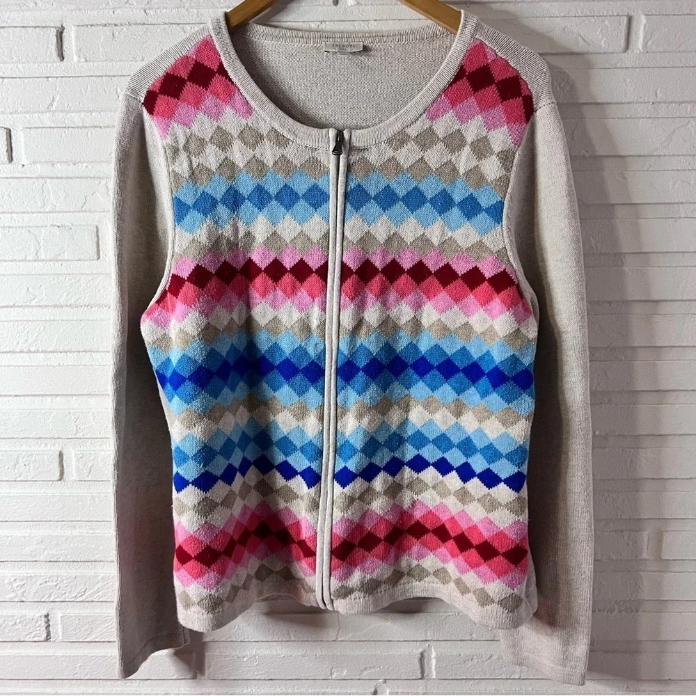 Talbots Colorful Argyle Long Sleeve Zip Up Cardigan Sweater, Women’s Size Large
